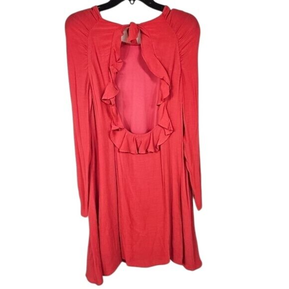 Zara Trafaluc Red Open Back Mini Dress M Ruffles Pleated Long Sleeve Feminine - Picture 6 of 12